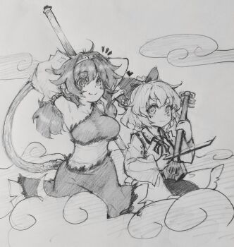 2girls absurdres blush bow bow_(music) breasts carbohydrate_(asta4282) closed_mouth commentary_request derivative_work detached_sleeves dress erhu greyscale hair_bow highres holding holding_bow_(music) holding_instrument instrument large_breasts long_hair long_sleeves medium_hair monkey_girl monkey_tail monochrome multiple_girls neck_ribbon notice_lines ribbon satsuki_rin single-shoulder_dress single_detached_sleeve single_strap smile son_biten tail test_tube touhou traditional_media wide_sleeves