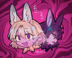 Rule 34 | 2girls, animal ear fluff, animal ears, bad id, bad twitter id, blonde hair, character request, distortion, extra ears, fang, glaring, inactive account, jmeysan, kemono friends, looking at viewer, multiple girls, open mouth, pink background, portrait, profile, red eyes, serval (kemono friends), short hair, skin fang, smile, translation request