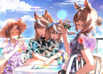 4girls :d absurdres animal_ears bird black_shirt blue_eyes blush bojue_(hakus_1128) bow braid brown_hair chair cloud collarbone commentary crossed_arms cup dress drinking drinking_glass drinking_straw ears_through_headwear floral_print floral_print_dress food fruit hair_bun hat hat_bow hawaiian_shirt highres holding holding_cup holding_removed_eyewear horse_ears horse_girl horse_tail jewelry looking_at_viewer looking_back looking_to_the_side multicolored_hair multiple_girls necklace non-circular_lens_flare off-shoulder_dress off_shoulder open_mouth parted_lips pointing ponytail print_dress profile purple_eyes railing red_eyes shirt short_sleeves sirius_symboli_(umamusume) sitting sky smile straw_hat streaked_hair sunglasses sweat symbol-only_commentary symboli_rudolf_(umamusume) table tail tokai_teio_(umamusume) tropical_drink tsurumaru_tsuyoshi_(umamusume) twin_braids umamusume unworn_eyewear white_bow white_dress white_shirt
