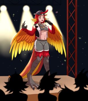1girl abs backwards_hat baseball_cap bird_legs bird_tail black_vest breasts claws commentary crowd english_commentary feathers green_eyes grey_shorts hair_through_headwear harpy hat holding holding_microphone jewelry long_eyebrows medium_breasts microphone midriff monster_girl multicolored_wings music navel necklace open_mouth orange_feathers original red_feathers red_hair shorts singing solo_focus stage stage_lights tail talons teeth underboob unreal_fish upper_teeth_only vest wings yellow_feathers