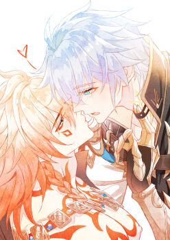 Rule 34 | 2boys, 7-river, antenna hair, arm tattoo, armor, black choker, black coat, black shirt, blonde hair, blue eyes, braid, chest tattoo, chinese commentary, choker, clawed gauntlets, coat, commentary request, earrings, facial tattoo, from side, gold earrings, gold necklace, gradient hair, highres, honkai: star rail, honkai (series), imminent kiss, jewelry, male focus, medium hair, multicolored hair, multiple boys, mydei (honkai: star rail), neck tattoo, necklace, open clothes, open coat, parted bangs, pauldrons, phainon (honkai: star rail), red hair, red tattoo, shirt, short hair, shoulder armor, side braid, single pauldron, sun symbol, sun tattoo, tan, tattoo, white coat, white hair, yaoi, yellow eyes