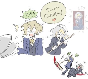 Rule 34 | 1boy, 1girl, alternate costume, anger vein, apron, blonde hair, blood, broom, butler, character name, chibi, cowboy shot, english text, full body, heart, highres, holding, holding broom, kromer (project moon), limbus company, maid, maid apron, maid headdress, official alternate costume, open mouth, project moon, short hair, simple background, sinclair (project moon), speech bubble, sweat, v0ge11, white background, white hair