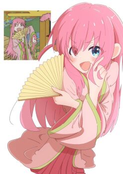 1girl :d blue_eyes bocchi_the_rock! commentary_request dokusai_0207 gotoh_hitori heterochromia highres japanese_clothes kimono long_hair looking_at_viewer open_mouth pink_hair smile solo wide_sleeves