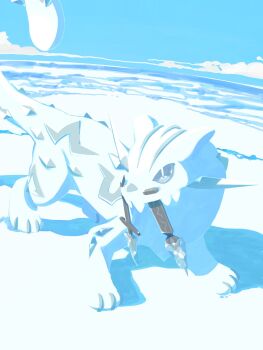 animal_focus blue_eyes blue_sky chien-pao colored_sclera fangs full_body highres ice monomo_monomos nintendo no_humans outdoors pokemon pokemon_(creature) pokemon_focus sky snow snow_leopard tail tusks white_fur