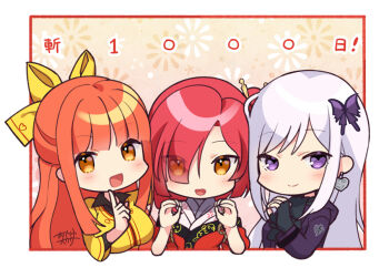 Rule 34 | 3girls, ascot, black ascot, black gloves, bow, butterfly hair ornament, chibi, chiyoganemaru (tenka hyakken), earrings, eyes visible through hair, fingerless gloves, gloves, hair ornament, index finger raised, jacket, japanese clothes, jewelry, kanji connection, kimono, light purple hair, long hair, long sleeves, milestone celebration, multiple girls, name connection, okanoyuno, orange hair, purple eyes, purple jacket, red hair, red kimono, senji muramasa (tenka hyakken), senningiri, shirt, signature, tenka hyakken, yellow bow, yellow eyes, yellow shirt