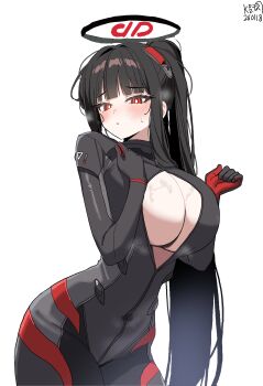 1girl absurdres black_bodysuit black_hair blunt_bangs bodysuit breasts bright_pupils comiket_107 commentary_request hair_behind_ear halo highres huge_breasts impossible_clothes korean_commentary long_hair looking_at_viewer myeolchi official_alternate_costume official_alternate_hairstyle ponytail red_eyes ringed_eyes rio_(blue_archive) rio_(bodysuit)_(blue_archive) simple_background skin_tight solo white_background white_pupils