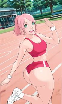 1girl ass bare_shoulders bench biggies00 breasts bush collarbone commentary english_commentary grass green_eyes haruno_sakura highres huge_ass looking_at_viewer naruto_(series) pink_hair ponytail shoes smile sneakers solo standing teeth thighs tree waving