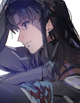 1girl absurdres arm_up bandaged_arm bandages biiko_(king1015g) black_bodysuit black_hair blood bodysuit brown_eyes closed_mouth commentary_request curtained_hair evangelion:_3.0+1.0_thrice_upon_a_time from_side highres injury katsuragi_misato long_hair mecha_pilot_suit neon_genesis_evangelion plugsuit_(evangelion) profile rebuild_of_evangelion sidelocks smile solo upper_body white_background