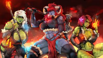 Rule 34 | 3girls, abs, absurdres, arm behind back, armlet, axe, bare shoulders, battle axe, belt, black boots, black bridal gauntlets, black dress, black gloves, black nails, black sleeves, black thighlet, black tube top, blood, blood on axe, blue lips, blue skin, boots, breasts, bridal gauntlets, brown belt, brown hair, casting spell, chain, cleavage, cleavage cutout, clothing cutout, colored skin, commentary, cowboy shot, crystal, crystal necklace, demon girl, demon horns, detached sleeves, dress, elbow gauntlets, elbow gloves, english commentary, female orc, fire, flower, fur-trimmed boots, fur-trimmed bridal gauntlets, fur-trimmed dress, fur-trimmed gloves, fur-trimmed sleeves, fur-trimmed tube top, fur trim, gloves, green lips, green skin, hand on own hip, hedon bloodrite, hell, highres, holding, holding axe, holding staff, horn ornament, horns, jewelry, large breasts, light particles, lips, long hair, long sleeves, looking to the side, medium hair, midriff, multiple girls, muscular, muscular female, navel, neck armor, nose, open mouth, orange eyes, orc, parted lips, pelvic curtain, pointy ears, potion, purple flower, red eyes, red hair, scar, scar across eye, scar on face, scar on stomach, scar on thighs, smile, spiked armlet, spiked thighlet, staff, steam from nose, strapless, teeth, thick thighs, thigh boots, thighs, torn clothes, torn gloves, torn tube top, tube top, v, weapon, weapon on back, white hair, white horns, yui (rainbow), zan (hedon)