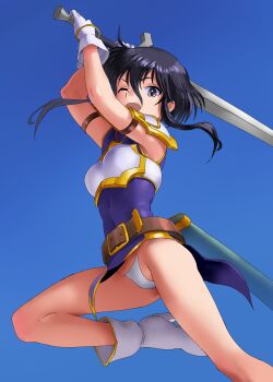 1girl ;d absurdres armor attack bare_legs belt black_hair boots breastplate breasts commission commissioner_upload covered_navel fire_emblem fire_emblem:_genealogy_of_the_holy_war gloves high_heel_boots high_heels highres holding holding_sword holding_weapon jumping larcei_(fire_emblem) looking_at_viewer medium_breasts nadeara_bukichi navel nintendo one_eye_closed open_mouth outdoors panties pantyshot pasties purple_tunic sheath shoulder_armor sidelocks simple_background skeb_commission sleeveless smile solo sword tomboy tunic underwear upskirt weapon white_panties