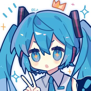 ! +_+ 1girl artist_name bare_shoulders blue_eyes blue_hair blue_necktie blue_outline blush_stickers chinese_commentary collared_shirt commentary_request crown excited eyelashes floating_crown gold_crown grey_shirt hair_between_eyes hair_ornament hatsune_miku headphones headset long_hair looking_at_viewer loose_hair_strand mini_crown necktie open_mouth outline shirt simple_background sleeveless sleeveless_shirt solo sparkle sparkling_eyes speech_bubble spoken_exclamation_mark twintails upper_body v v-shaped_eyebrows vocaloid white_background xianyu_fish