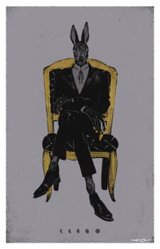 1boy black_fur black_suit body_fur chair commentary crossed_arms crossed_legs english_commentary formal_clothes full_body furry furry_male grey_background grey_fur grey_shirt male_focus moon_phases nagabe original rabbit_boy shirt simple_background sitting solo spot_color suit