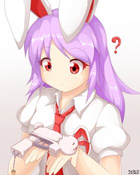 Rule 34 | 1girl, :<, ?, advent cirno, animal ears, carrot, commentary, female focus, gun, handgun, legacy of lunatic kingdom, lunatic gun, necktie, psychopath idiot, puffy short sleeves, puffy sleeves, purple hair, rabbit ears, red eyes, red necktie, reisen udongein inaba, shirt, short sleeves, solo, touhou, weapon