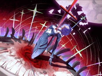Rule 34 | 1girl, ayanami rei, blood, blood on chest, blue hair, bodysuit, breasts, broken moon, closed eyes, closed mouth, full moon, highres, mecha pilot suit, medium breasts, moon, neon genesis evangelion, plugsuit (evangelion), red sky, short hair, sky, solo, standing, star (sky), wangjidemoe871, white bodysuit