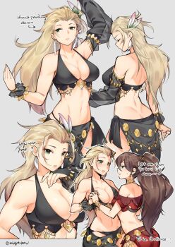 2girls arms_up black_dress blonde_hair bracelet brown_hair butt_crack chain dancer dress duplicate english_text expressionless feathers ge-b gold_bracelet gold_chain green_eyes h&#039;aanit_(octopath_traveler) highres holding_hands multiple_girls multiple_views no_bangs octopath_traveler octopath_traveler_i ponytail primrose_azelhart red_dress to_be_continued yuri
