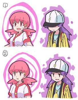 2girls baseball_cap before_and_after brown_eyes buttons casey_(pokemon) commentary_request glowing hair_ornament hairclip hat hitsugi_mc hypnosis jacket long_hair mind_control multiple_girls nintendo no_pupils open_mouth pink_eyes pink_hair pokemon pokemon_(anime) pokemon_(classic_anime) pokemon_hgss purple_hair shirt short_sleeves smile sweatdrop twintails white_background white_hat whitney_(pokemon) yellow_jacket