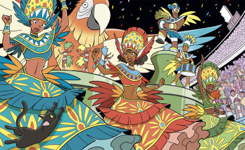 6+boys 6+girls alt_text bird black_cat black_eyes black_hair black_lips black_sky brazil brown_hair carnaval_do_brasil cat clothing_request commentary_request confetti dancing dark-skinned_female dark-skinned_male dark_skin drum feathers floating_clothes grin gurihiru headdress instrument macaw midriff multiple_boys multiple_girls navel night open_mouth original parrot short_hair showgirl skirt sky smile surprised