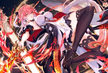 1girl absurdly_long_hair absurdres ahoge bare_shoulders black_bow black_jacket black_shoes black_skirt black_sleeves black_thighhighs blue_pupils body_markings bow braid breasts changli_(wuthering_waves) clothing_cutout colored_extremities commentary_request detached_sleeves dress feather_hair fire flower from_side gradient_hair hair_bow hair_extensions hair_intakes hair_ornament high_heels highres holding holding_sword holding_weapon jacket kuji-in large_breasts long_hair looking_at_viewer midair multicolored_hair oil-paper_umbrella orange_hair outstretched_arm parted_lips pink_hair red_hands revision ring_hair_extensions second-party_source shoes skirt smile solo sword tacet_mark_(wuthering_waves) thighhighs twin_braids two-tone_hair umbrella underboob underboob_cutout vardan very_long_hair weapon white_bow white_dress white_hair white_umbrella wuthering_waves yellow_eyes