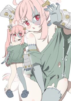 1girl absurdres ahoge alternate_costume blue_archive blush bolt_(hardware) breasts claw_pose commentary cosplay crocs english_commentary frankenstein&#039;s_monster frankenstein&#039;s_monster_(cosplay) grey_thighhighs halloween_costume halo highres long_hair looking_at_viewer multiple_views natsu_(blue_archive) nemo_(leafnight) object_through_head pink_hair pink_halo red_eyes screw_in_head shirt shirt_slip side_ponytail simple_background single_thighhigh small_breasts stitched_face stitches thighhighs torn_clothes torn_shirt white_background