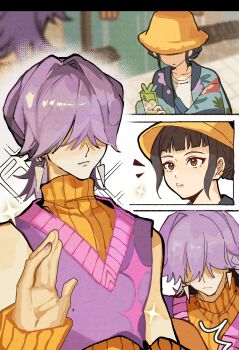 1boy 1girl absurdres bare_shoulders black_hair blunt_bangs brown_eyes detached_sleeves dragonla earrings food fruit hair_over_eyes highres holding holding_phone jewelry kpop_demon_hunters mystery_(kpop_demon_hunters) orange_(fruit) orange_arm_warmers orange_hair orange_slice parted_lips phone purple_hair purple_sweater_vest short_bangs short_hair sidelocks sleeveless sleeveless_turtleneck sparkle sweater_vest turtleneck updo zoey_(kpop_demon_hunters)