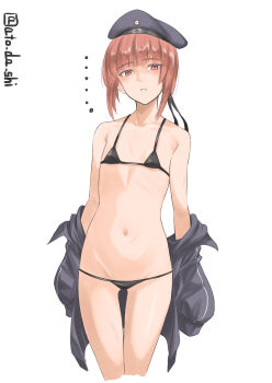 1girl absurdres alternate_costume atodashi bikini black_bikini brown_eyes brown_hair dress flat_chest hat highres kantai_collection looking_at_viewer navel open_clothes open_dress sailor_hat short_hair solo swimsuit z3_max_schultz_(kancolle)