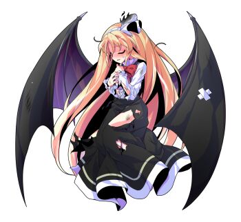 1girl alphes_(style) bat_wings black_skirt blonde_hair blush bow bowtie buttons commentary_request dairi defeat dress_shirt frilled_sleeves frills full_body hair_between_eyes hairband high-waist_skirt kurumi_(touhou) large_variant_set long_hair long_skirt long_sleeves parody purple_wings red_bow red_bowtie ribbon shirt skirt solo style_parody suspenders tachi-e torn_clothes touhou touhou_(pc-98) transparent_background variant_set very_long_hair white_hairband white_ribbon white_shirt wings
