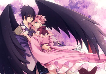black_eyes black_hair couple fins green_eyes gunbai hair_between_eyes hand_fan haruno_sakura head_fins hetero highres holding holding_fan hug japanese_clothes kimono long_sleeves looking_at_viewer mochiii-s naruto_(series) naruto_shippuuden parted_lips pink_hair pink_kimono purple_kimono short_hair twitter_username uchiha_sasuke war_fan wide_sleeves wings