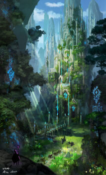 2others ain_choiwet blue_sky bridge cloud concept_art day holding holding_staff multiple_others original path pillar road scenery shadow sky staff stairs sunlight tree