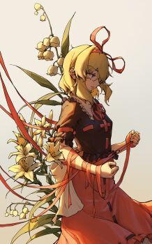 1girl absurdres blonde_hair blue_eyes bow breasts cross-laced_clothes doll doll_joints flower frilled_shirt frilled_shirt_collar frilled_sleeves frills full_body furrowed_brow highres holding holding_string jitome joints lily_of_the_valley lips lipstick makeup medicine_melancholy medium_breasts neck_ribbon one_side_up pink_lips puffy_short_sleeves puffy_sleeves red_bow red_ribbon ribbon shirt short_hair short_sleeves simple_background solo stank string string_of_fate touhou wavy_hair