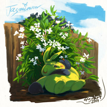 bad_link blue_sky dated day efejotart flower gen_3_pokemon jasmine_(flower) lying makuhita nintendo no_humans on_back open_mouth outdoors pokemon pokemon_(creature) sky solo