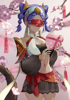 absurdres bare_shoulders black_skirt black_sleeves blindfold box braid cherry_blossoms collarbone colored_blindfold commentary_request dark-skinned_female dark_skin flower genshin_impact heart-shaped_box highres jeht_(genshin_impact) midriff multiple_braids navel purple_hair skirt smile user_rszt5334 valentine