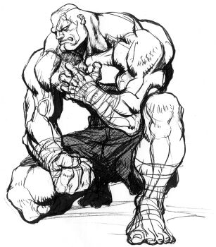 1boy ankle_wrap bald barefoot clenched_hand clenched_teeth eyepatch full_body game_cg greyscale hand_wraps highres kneeling monochrome muscular nishimura_kinu non-web_source official_art parted_lips sagat scar scar_on_face scar_on_forehead shorts solo street_fighter street_fighter_ii_(series) teeth topless_male veins veiny_arms white_background