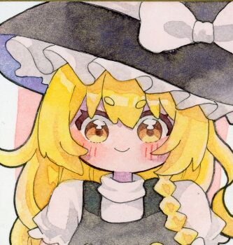 1girl black_hat black_vest blonde_hair blush border bow braid buttons commentary_request hat hat_bow kirisame_marisa long_hair looking_at_viewer outside_border painting_(medium) pink_background portrait pppppks shirt short_sleeves side_braid single_braid smile solo straight-on touhou traditional_media vest watercolor_(medium) white_border white_bow white_shirt witch_hat yellow_eyes
