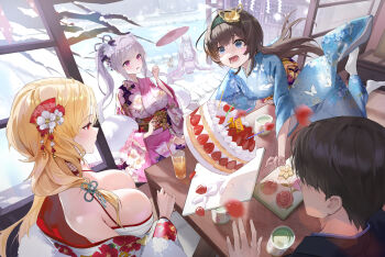 4girls alice_(nikke) black_hair blonde_hair blue_eyes blue_kimono blush breasts cake cinderella_(nikke) cleavage commander_(nikke) commentary doga_gyul falling floral_print floral_print_kimono food goddess_of_victory:_nikke green_hairband hairband highres holding holding_umbrella japanese_clothes kimono large_breasts ludmilla_(nikke) mica_(nikke) multiple_girls oil-paper_umbrella open_mouth pink_eyes pink_kimono print_kimono red_eyes short_hair small_breasts snow socks table twintails umbrella white_hair white_kimono white_socks