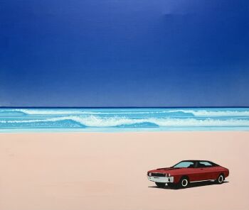 blue_sky car commentary_request day highres hiroshi_nagai horizon motor_vehicle negative_space no_humans original outdoors sand sky traditional_media water