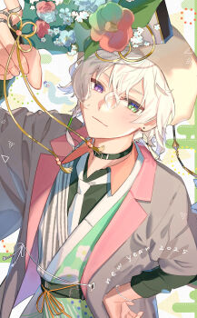 1boy absurdres brown_jacket clothing_request commentary_request cowboy_shot dated egasumi flower_request green_background green_eyes hand_on_own_hip hand_up heterochromia highres jacket male_focus matochi_(fa) murakumo_kagetsu nijisanji purple_eyes short_hair solo tagme virtual_youtuber white_background white_hair