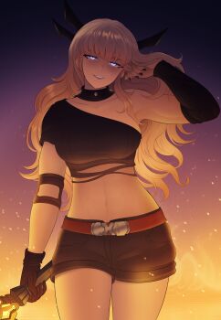 Rule 34 | 1girl, absurdres, alavastircloud, alternate costume, belt, black background, black choker, black gloves, black nails, black shirt, black shorts, black sleeves, blonde hair, blue eyes, breasts, brown belt, check clothing, choker, clothing request, collarbone, commentary, cowboy shot, cropped shirt, elbow pads, english commentary, fire, gloves, glowing, glowing eyes, gradient background, grin, hair between eyes, hand up, headpiece, highres, holding, holding sword, holding weapon, large breasts, long hair, long sleeves, looking at viewer, magik (x-men), marvel, marvel rivals, midriff, navel, off-shoulder shirt, off shoulder, open mouth, pink lips, purple background, shirt, short shorts, shorts, sidelocks, single elbow pad, single glove, single sleeve, skindentation, smile, solo, spiked choker, spikes, straight-on, sword, toned, toned female, wavy hair, weapon, wide hips, x-men, yellow background