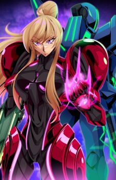 1boy 1girl absurdres andoryu_anzuru arm_cannon blonde_hair commentary english_commentary highres long_hair looking_at_viewer metroid metroid_prime_4:_beyond mole mole_under_mouth nintendo ponytail power_suit_(metroid) purple_eyes samus_aran sylux_(metroid) vi-o-la_suit weapon