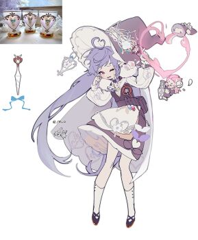 >_< 1girl 2boys ankle_socks antenna_hair apron arin_(fanfan013) belt belt_bag black_bow black_footwear black_shirt bottle bow braid brown_bag brown_belt brown_dress bud buttons reference_sheet cherry_blossoms chibi chinese_commentary commentary_request cross-laced_footwear dress dress_bow eyelashes flower flower_wand frilled_sleeves frills full_body hair_flower hair_ornament hat hat_flower hat_ornament heart heart_antenna_hair heart_hat_ornament heart_print highres holding holding_bottle holding_wand knees leaf long_hair long_sleeves looking_at_another love_potion low_twintails lower_teeth_only multiple_boys old old_man one_eye_closed open_mouth original personification petticoat pink_eyes pink_flower pink_hair pointy_ears puffy_long_sleeves puffy_sleeves purple_bow purple_hair purple_hat rubbing_eyes shirt shoes short_dress simple_background single_braid sleeveless sleeveless_dress socks solo_focus teeth twintails twitter_username v-neck vertical-striped_sleeves very_long_hair vial waist_apron wand wavy_mouth white_apron white_background white_bow white_hair white_shirt white_sleeves white_socks witch_hat