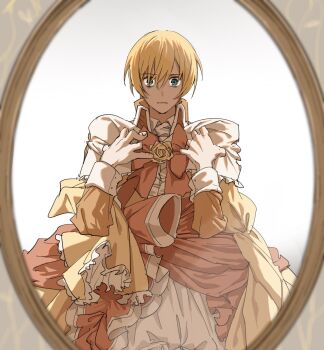 Rule 34 | 1boy, aku no meshitsukai (vocaloid), allen avadonia, bow, bowtie, brooch, cosplay, crossdressing, crossdressing (mtf), dress, evillious nendaiki, flower brooch, frilled dress, frills, green eyes, high collar, highres, jewelry, kanononoring, long sleeves, male focus, mirror, orange bow, orange bowtie, reflection, riliane lucifen d'autriche, riliane lucifen d'autriche (cosplay), sleeve cuffs, solo, vocaloid, yellow dress