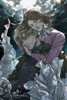 1boy 1girl absurdres air_bubble blonde_hair brown_hair bubble highres hug hug_from_behind james_sunderland mary_shepherd-sunderland nyeigneous paper silent_hill_(series) underwater