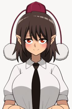 1girl animated animated_gif blush bouncing_breasts breasts brown_hair closed_mouth clothes_lift large_breasts lifting_own_clothes looking_at_viewer medium_hair nipples no_bra pointy_ears red_eyes shameimaru_aya shiguma_(signalmass) shirt_lift smile solo source_request touhou