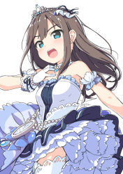 Rule 34 | 1girl, aqua eyes, bare shoulders, black hair, blush, bracelet, breasts, character name, clock, cowboy shot, crown, detached sleeves, dot nose, double-parted bangs, dress, earrings, frilled dress, frills, gloves, hand on own chest, hand out of frame, idolmaster, idolmaster cinderella girls, jewelry, kuresuku (lessons), long hair, necklace, open mouth, pearl bracelet, pearl earrings, pearl necklace, petticoat, shibuya rin, simple background, small breasts, straight hair, teeth, thighhighs, upper teeth only, v-shaped eyebrows, white background, white dress, white gloves, white thighhighs, zettai ryouiki