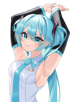 Rule 34 | 1girl, absurdres, amaama (beccyonaika1), aqua eyes, aqua hair, aqua necktie, aqua trim, armpits, bare shoulders, breasts, closed mouth, collarbone, collared shirt, commentary request, detached sleeves, hair between eyes, hair ornament, hatsune miku, highres, light blush, long hair, long sleeves, looking at viewer, medium breasts, necktie, shirt, simple background, sleeveless, sleeveless shirt, smile, solo, twintails, upper body, very long hair, vocaloid, white background, white shirt, wide sleeves