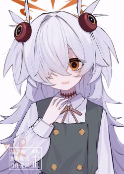 1girl blue_archive brown_eyes brown_ribbon collared_shirt commentary_request coyote319514 dress grey_hair hair_ornament hair_over_one_eye halo highres kanoe_(blue_archive) long_hair long_sleeves looking_at_viewer multicolored_eyes open_mouth orange_halo ribbon scar scar_on_neck shirt simple_background sleeveless sleeveless_dress smile solo two-tone_eyes two_side_up very_long_hair white_background white_shirt