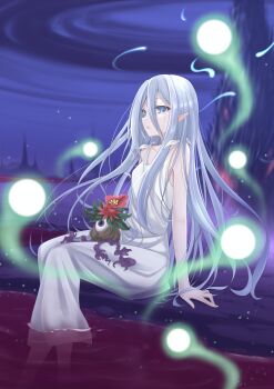 1girl absurdres blood dress duel_monster feet_out_of_frame glow-up_bloom grey_hair hell highres hitodama necroworld_banshee partially_submerged pointy_ears pool_of_blood sitting solo soul-absorbing_bone_tower tears white_dress yu-gi-oh! yukishiro_haku zombie_world