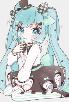 1girl absurdres aobahosino back_bow black_bow black_bowtie black_hat blue_eyes blue_hair blush bow bowtie brown_shoes brown_skirt buttons checkered_bow checkered_clothes closed_mouth commentary_request dot_nose food frilled_skirt frilled_thighhighs frills full_body garter_straps green_bow hair_bow hair_ornament hat hatsune_miku heart heart_hair_ornament highres holding holding_food holding_ice_cream ice_cream long_hair long_sleeves looking_at_viewer mini_hat mini_top_hat mint_chocolate shirt shoes simple_background sitting skirt solo striped_clothes striped_thighhighs thighhighs top_hat twintails vertical-striped_clothes vertical-striped_thighhighs very_long_hair vocaloid white_background white_shirt white_thighhighs x_hair_ornament
