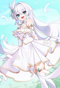 1girl :d aisu_(i_ce_pinon_pino) aqua_eyes arms_behind_back bare_shoulders blue_background blue_sky borrowed_character commission crossed_legs day detached_sleeves double-parted_bangs falling_feathers feather_hair_ornament feathers feet_out_of_frame flat_chest foliage gold_trim hair_intakes hair_ornament halterneck hand_on_own_arm happy highres long_hair long_skirt long_sleeves looking_at_viewer open_mouth original outdoors second-party_source shirt sidelocks skirt skirt_set sky smile solo sparkle standing thighhighs very_long_hair watson_cross white_hair white_shirt white_skirt white_thighhighs wind zettai_ryouiki