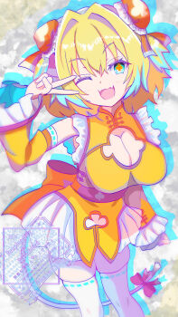 Rule 34 | 1girl, absurdres, aqua streaks, blonde hair, bombergirl, breasts, cleavage, cleavage cutout, clothing cutout, clover-shaped pupils, commentary request, detached sleeves, dress, fangs, green eyes, halmist, highres, large breasts, looking at viewer, medium hair, multicolored hair, open mouth, pine (bombergirl), skin fangs, smile, solo, streaked hair, symbol-shaped pupils, thighhighs, v, white thighhighs, yellow dress, yellow sleeves