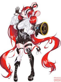 0m00n 1girl absurdres ahoge animal_ears antenna_hair artist_name ascot belt black_belt black_boots black_hair black_streaks blue_eyes boots bow breasts commentary dated dice dice_hair_ornament double-parted_bangs frilled_shirt frills gloves grey_ascot hair_between_eyes hair_ornament hakos_baelz hakos_baelz_(steel_rose) half_gloves hand_up head_tilt highres holding holding_megaphone hololive hololive_english large_breasts long_hair low_twintails megaphone mouse_ears mouse_tail multicolored_hair open_mouth original pouch red_hair shirt shorts standing suspender_shorts suspenders tail tail_bow tail_ornament teeth thigh_pouch thigh_strap thighhighs thighs torn_clothes torn_thighhighs twintails very_long_hair virtual_youtuber white_background white_hair white_shirt white_thighhighs